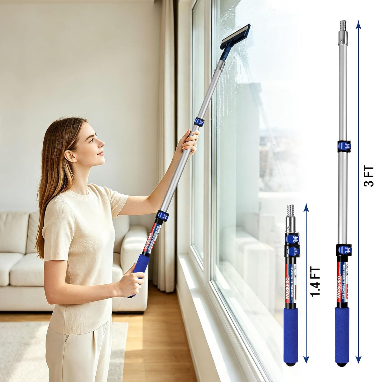 Workpro 3 ft flip-lock paint roller pole in silver and blue for reaching windows and high shelves with telescoping adjustment