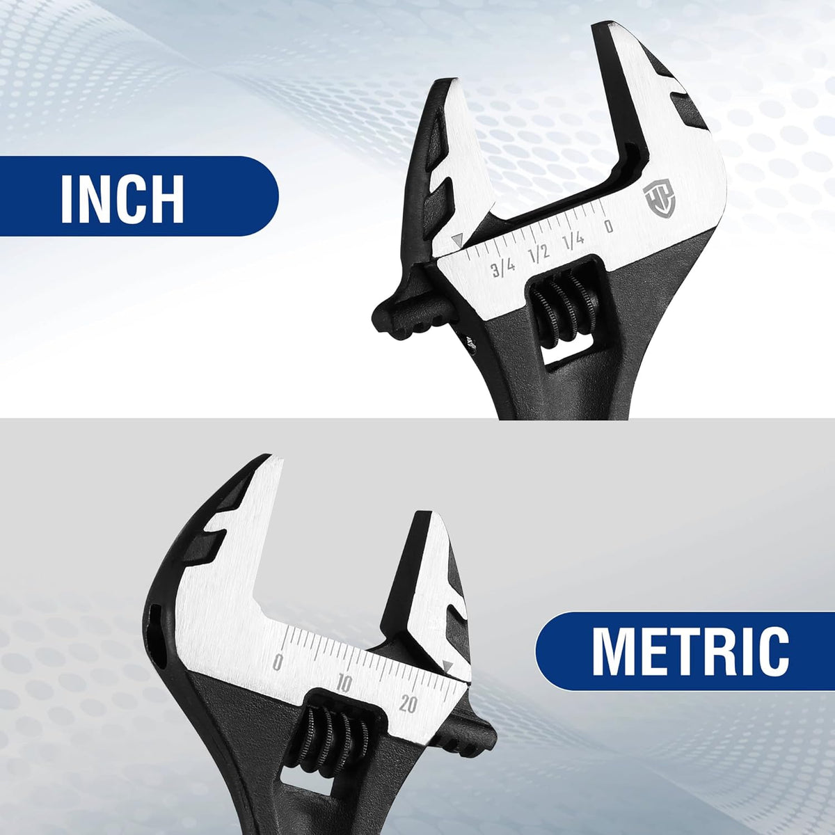 Black adjustable wrench head with dual measurement markings on the jaw.