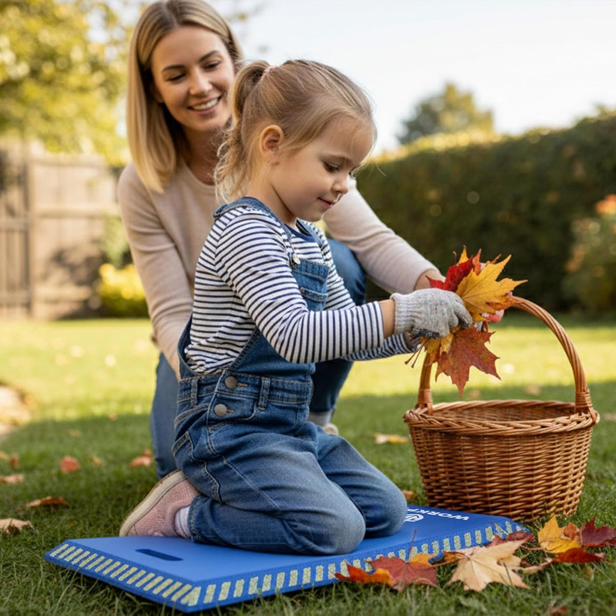 Blue foam kneeling pad with textured yellow grip edge for non-slip kneeling support.