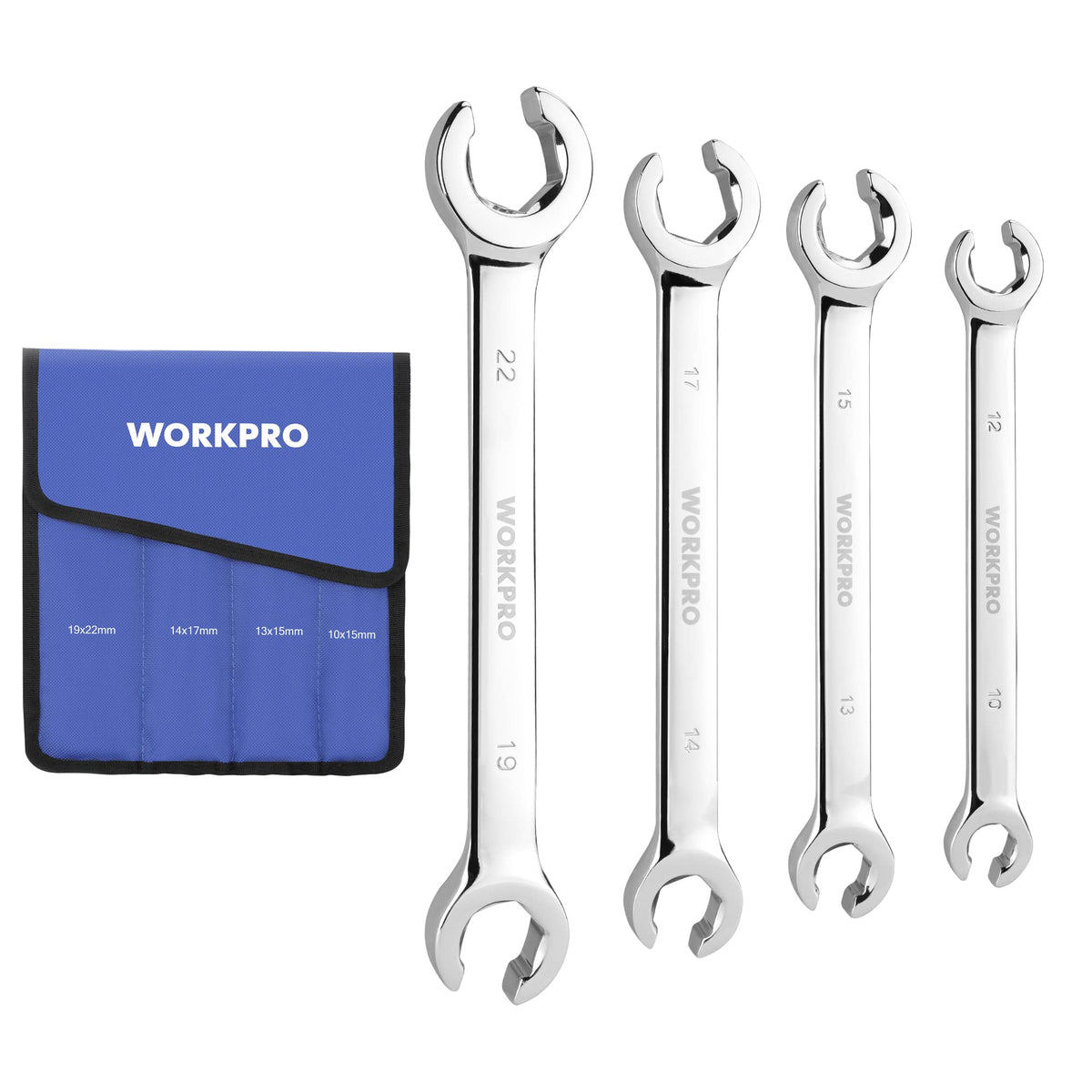 Four chrome metric flare nut wrenches with WORKPRO fabric storage pouch