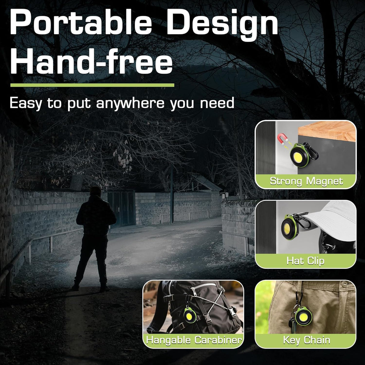 Mini green keychain light with magnetic base and detachable hat clip