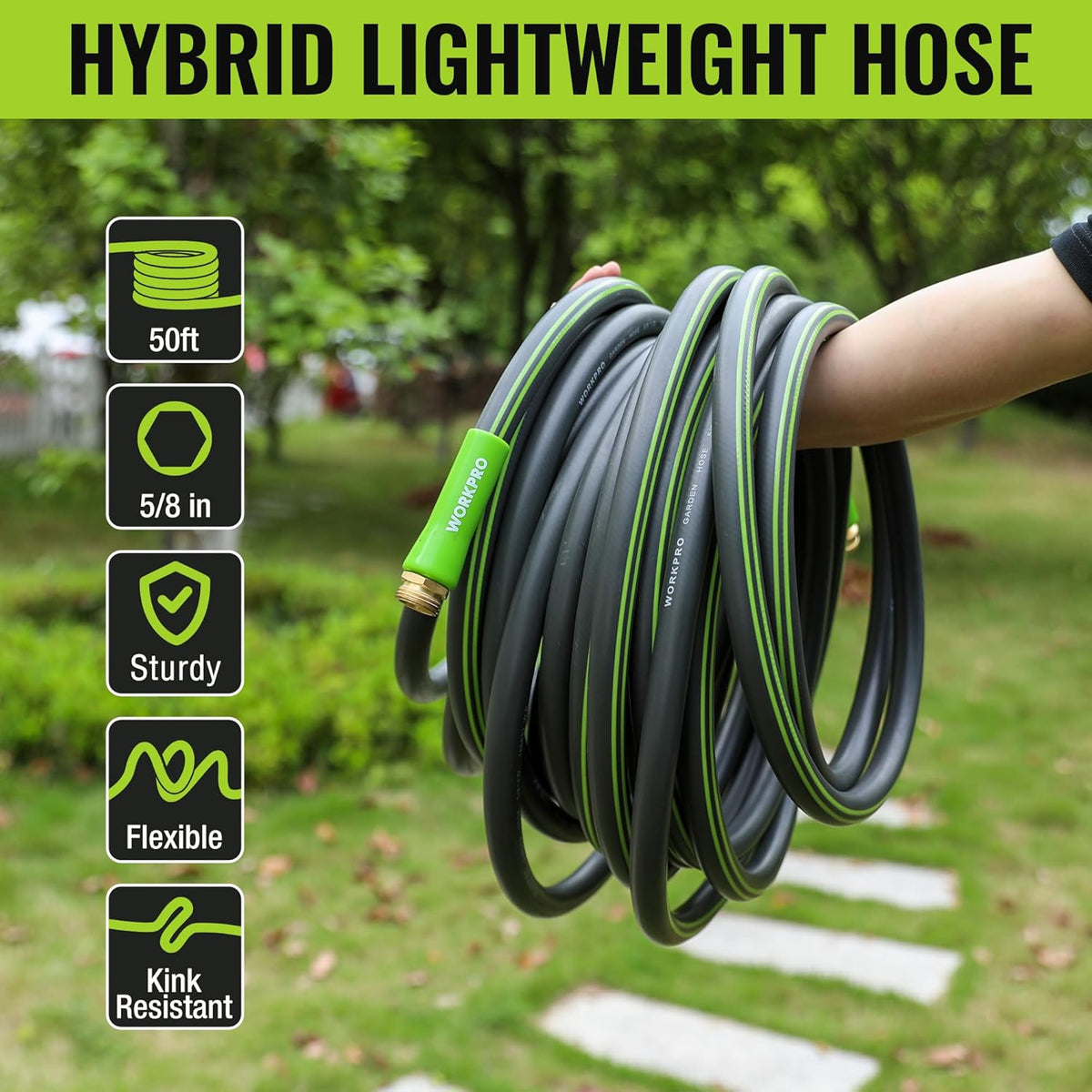 Garden hose with green handle grip, black flexible tube, brass fitting