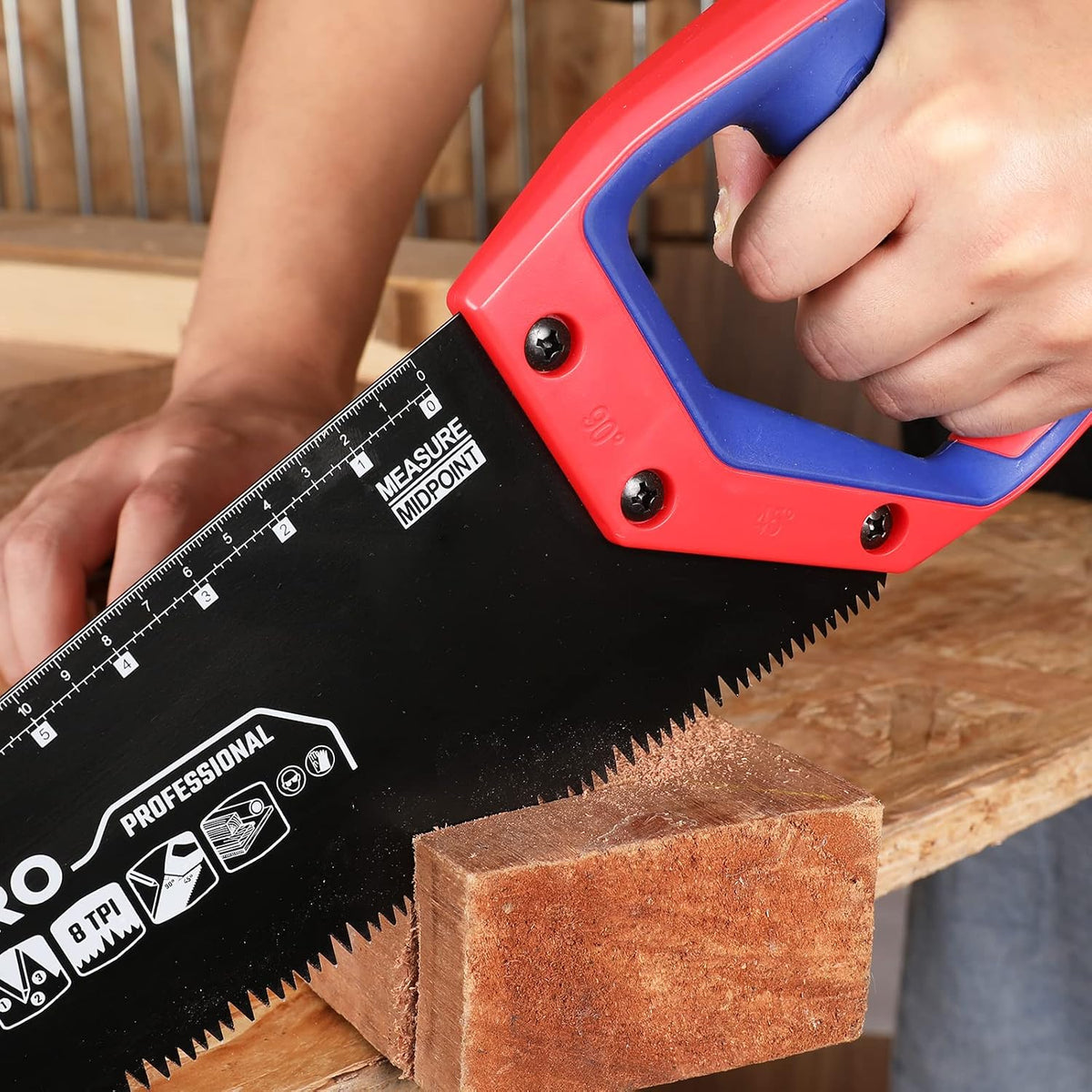 Workpro 16 inch universal handsaw with a red and blue handle, SK5 carbon steel blade and triple ground teeth