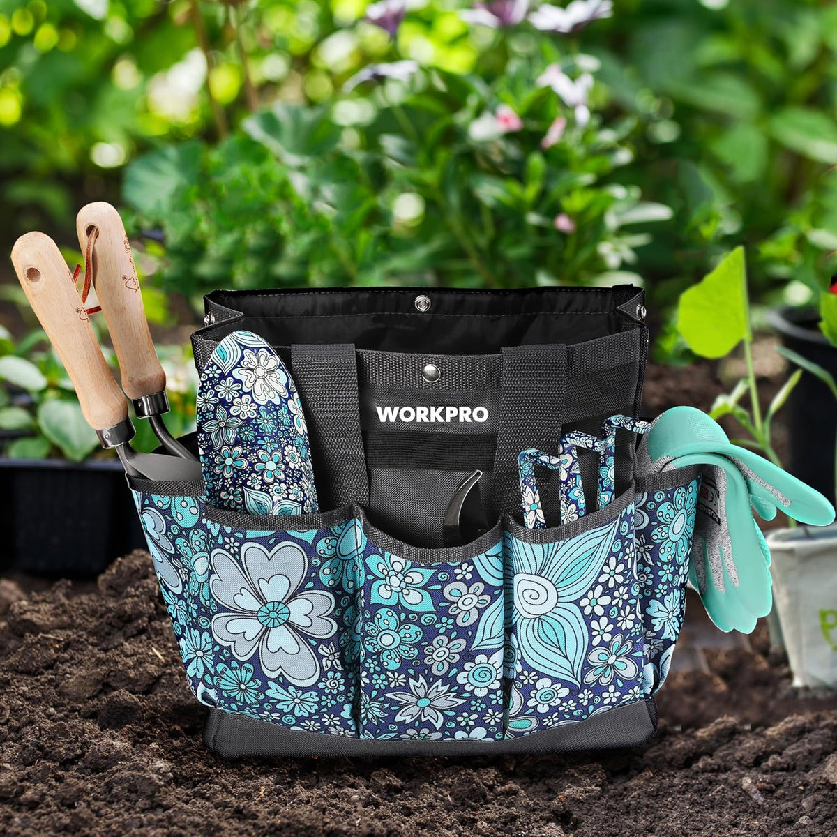 Floral blue and black open-top garden tool bag with front pockets and side holders