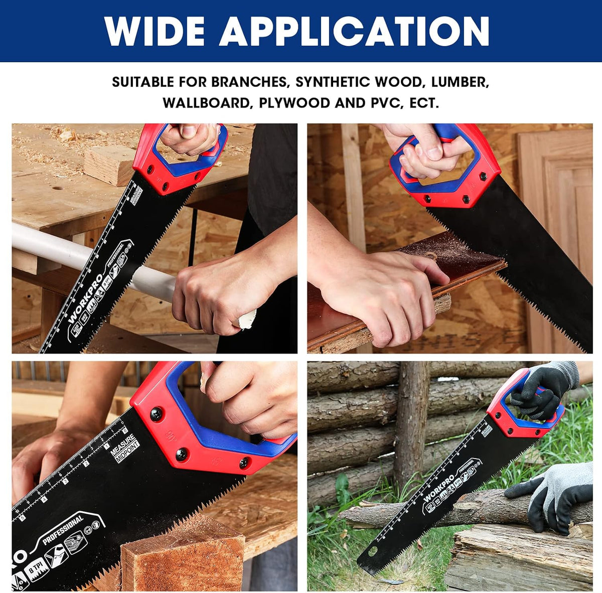 Workpro 16 inch universal handsaw with red and blue non-slip comfortable handle and SK5 carbon steel blade
