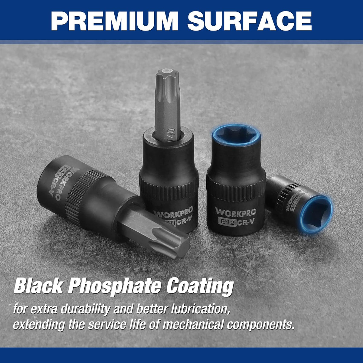 Black torx socket bits with blue interior tips, shown in a close-up layout