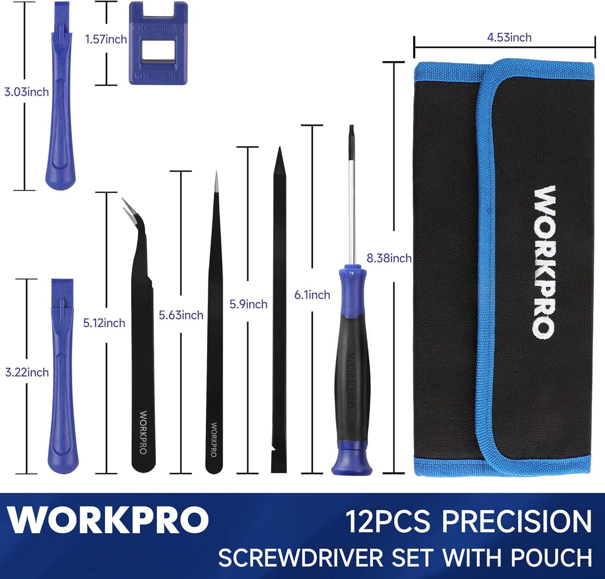 Magnetic precision screwdriver set with blue carry pouch and assorted Torx-style bits