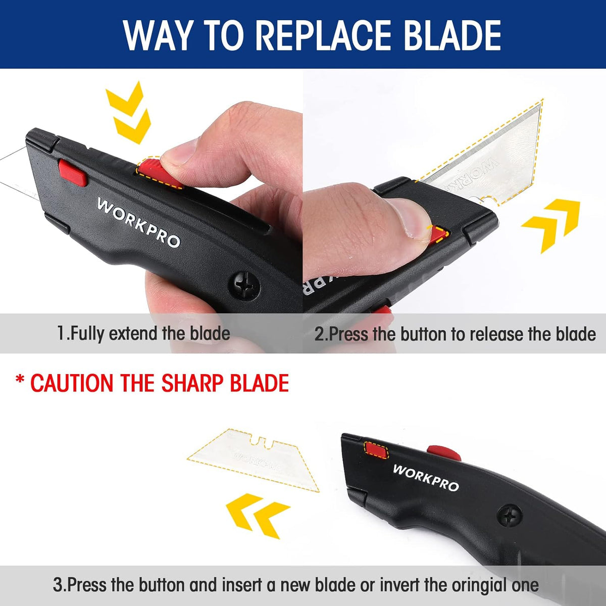 Retractable utility knife with red release button shown during blade replacement
