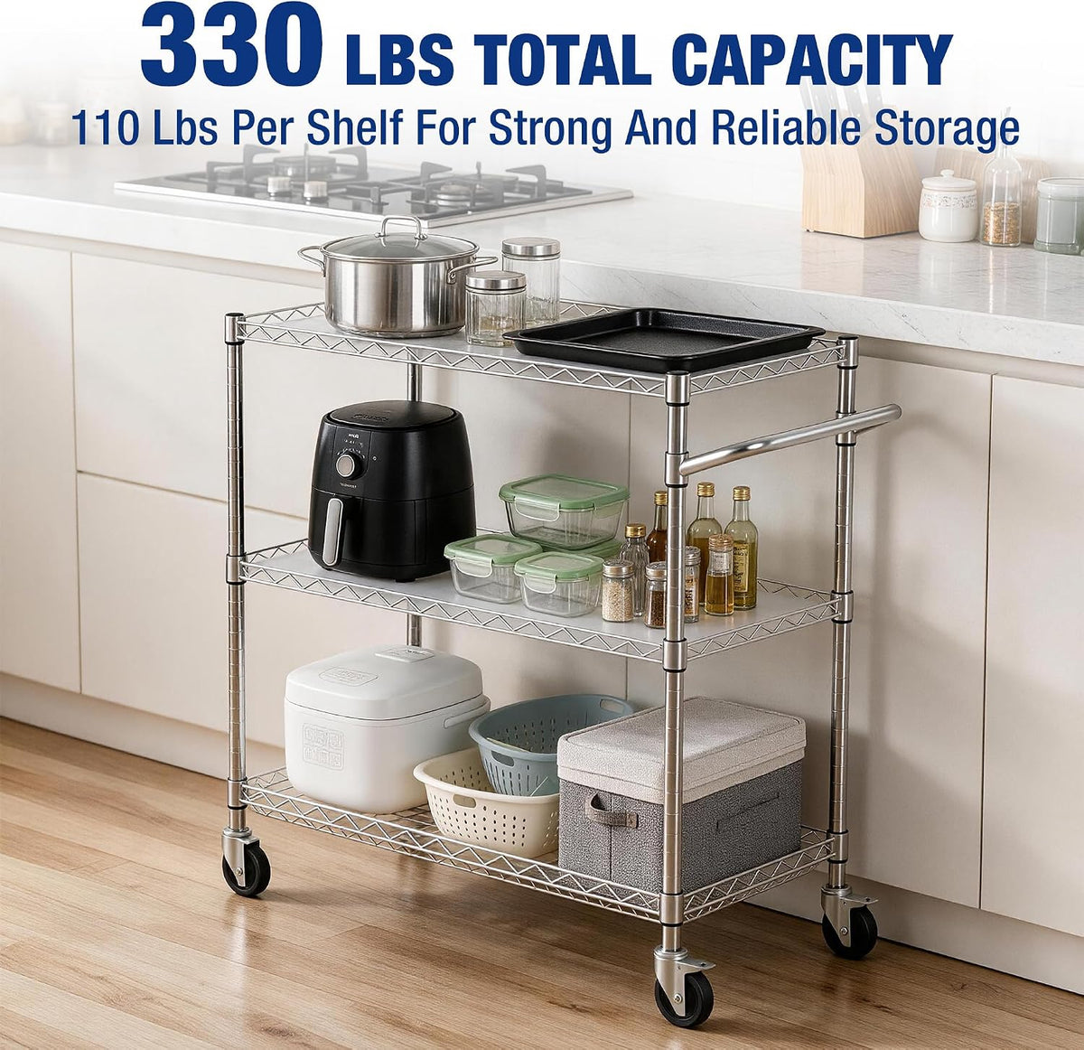 Workpro 40 inch three-tier utility cart in silver with wire shelves and caster wheels for kitchen storage.