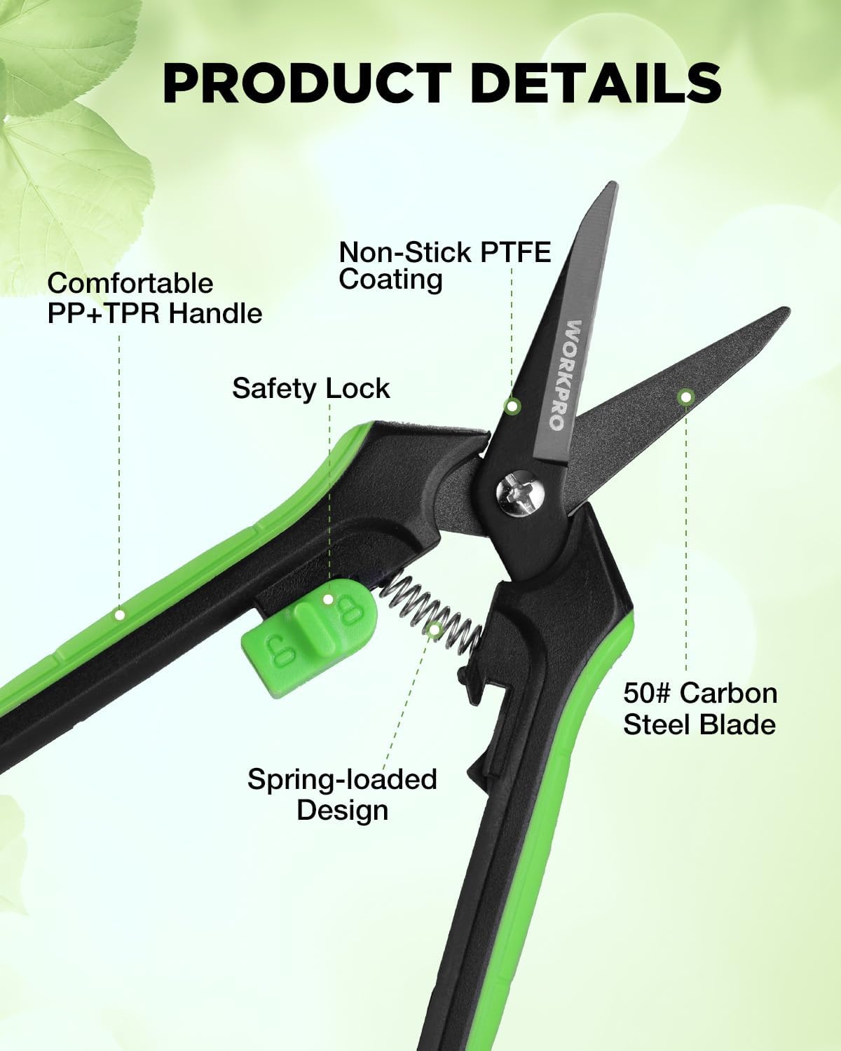 Garden pruning shears with safety lock, spring-loaded mechanism, green nonstick-coated blade
