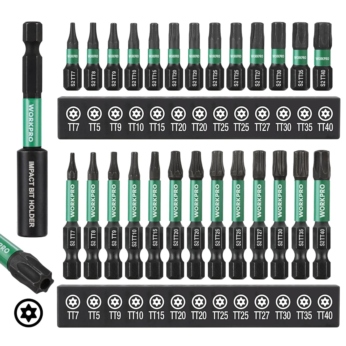 WORKPRO impact Torx bit set with security star bits, magnetic tips, 1/4in hex shanks