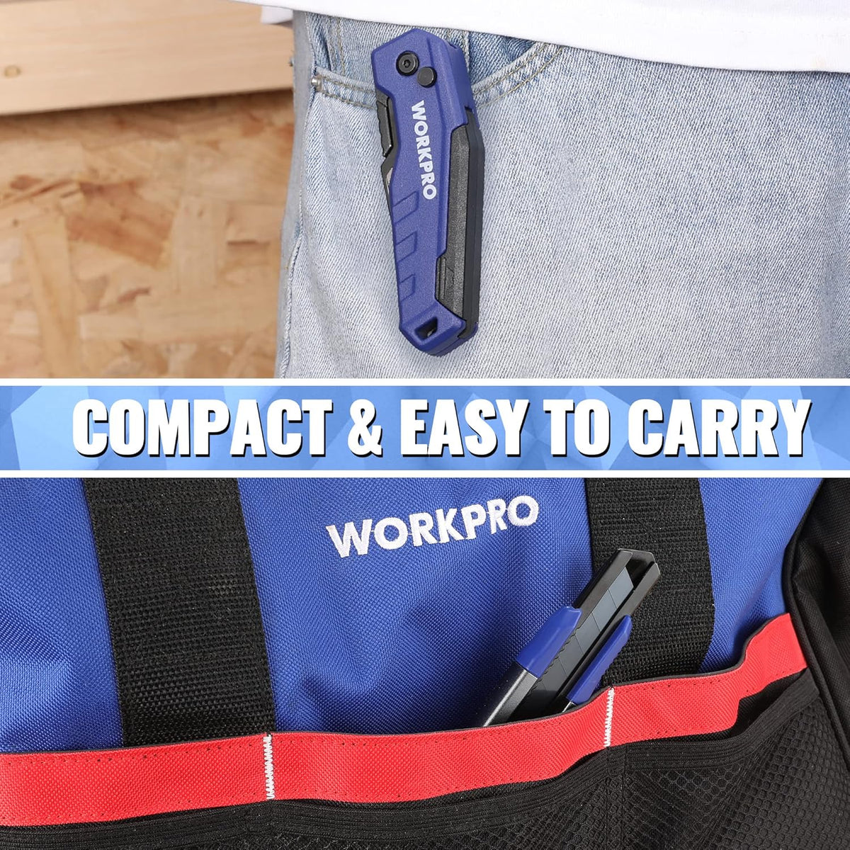 WORKPRO utility knife clipped inside compact carry pouch, blue and red case