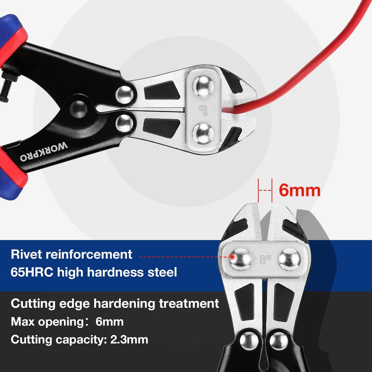 Mini bolt cutter head with spring jaws and 8 mm cutting capacity marking