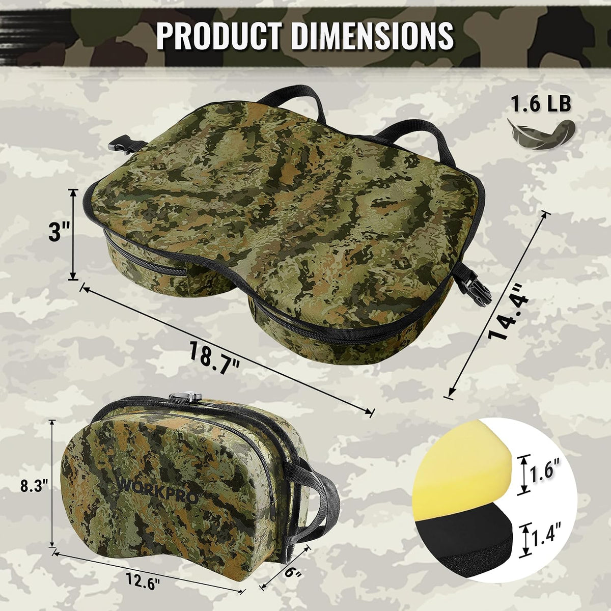 WORKPRO Hunting Seat Cushion in camo with durable double layer foam and portable foldable design