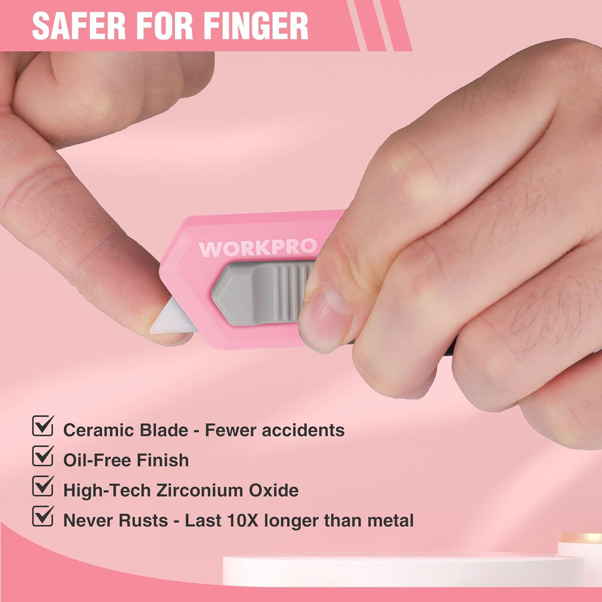 Pink retractable mini box cutter with ceramic blade for safer, controlled cutting