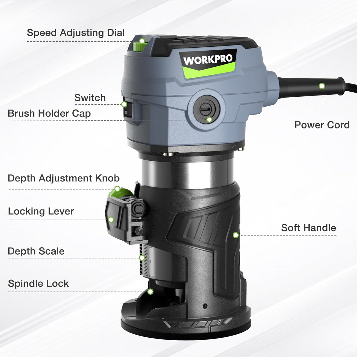 Compact corded hand trimmer router tool, gray body with black base and green accents