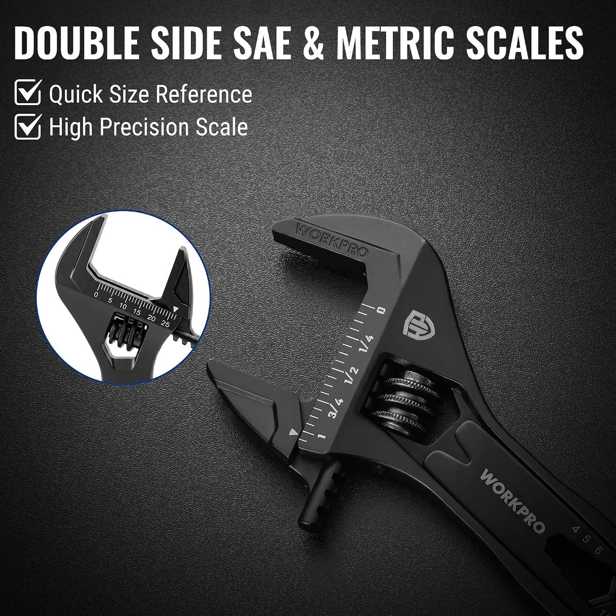 Workpro 4 inch adjustable wrench with wide jaw opening, black 9-in-1 mini multitool with dual SAE and metric scales