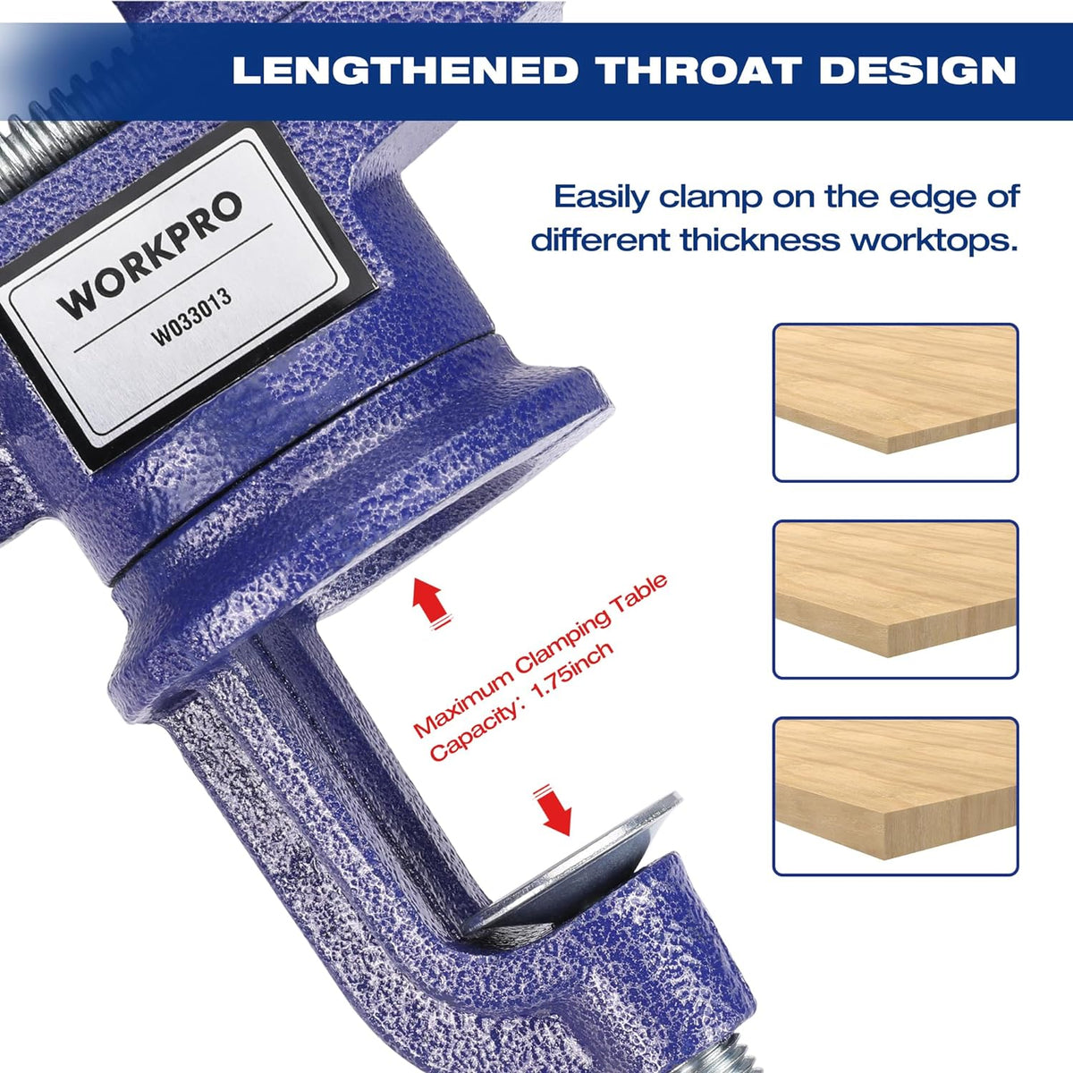 WORKPRO blue bench vise with lengthened throat for clamping thin workpieces