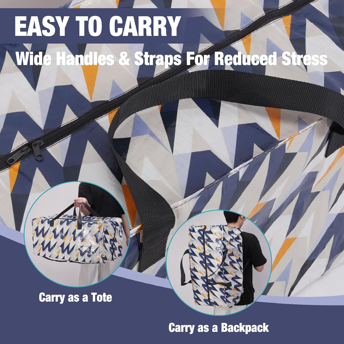 Extra large moving bag with wide webbing handles and straps, zigzag alphabet print