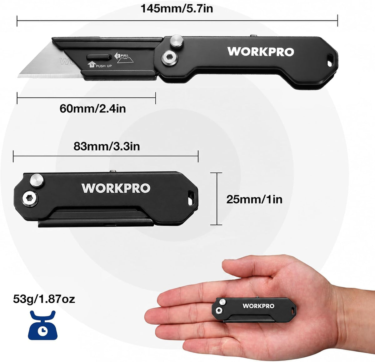 WORKPRO mini utility knife, blade extended; slim black body with size markings