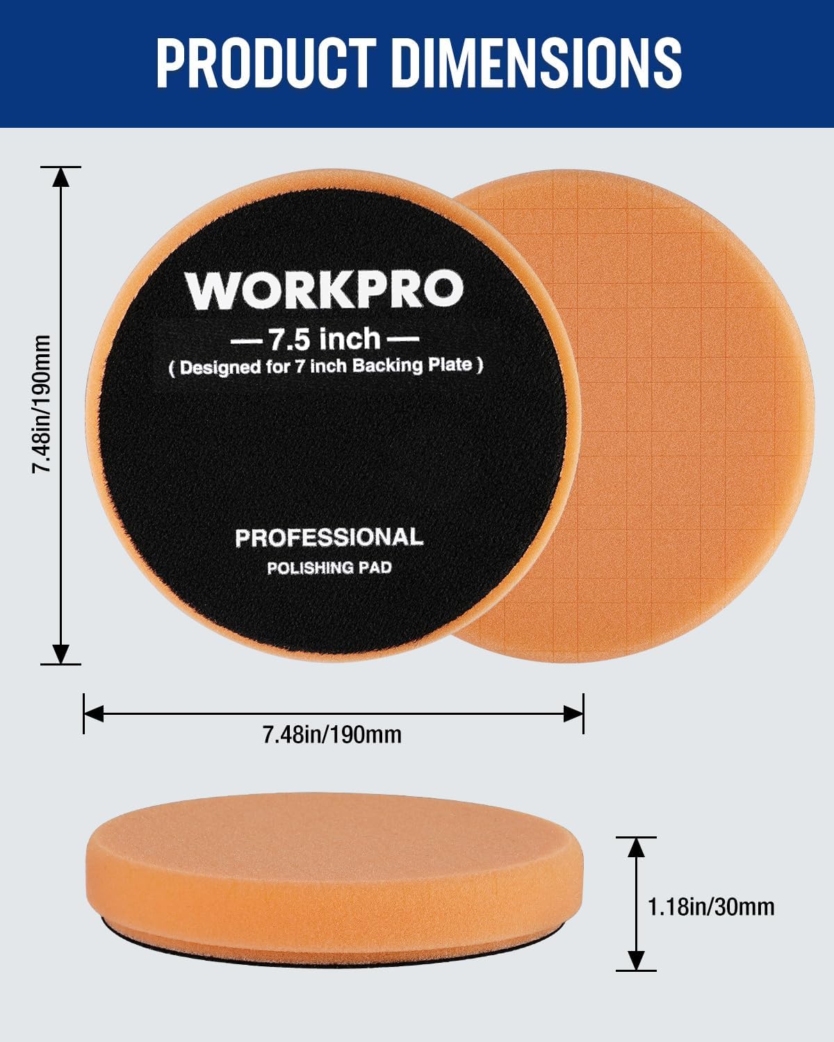 Round buffing sponge pads, black and orange, sized for 7.5 inch backing plate