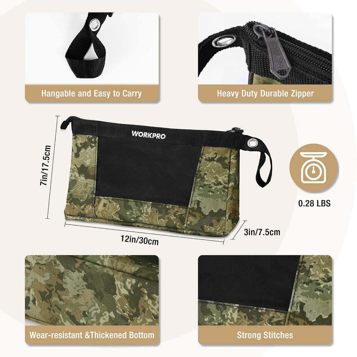 Workpro 12 inch tool pouch in camouflage with zipper, durable fabric and reinforced stitching for tool storage.