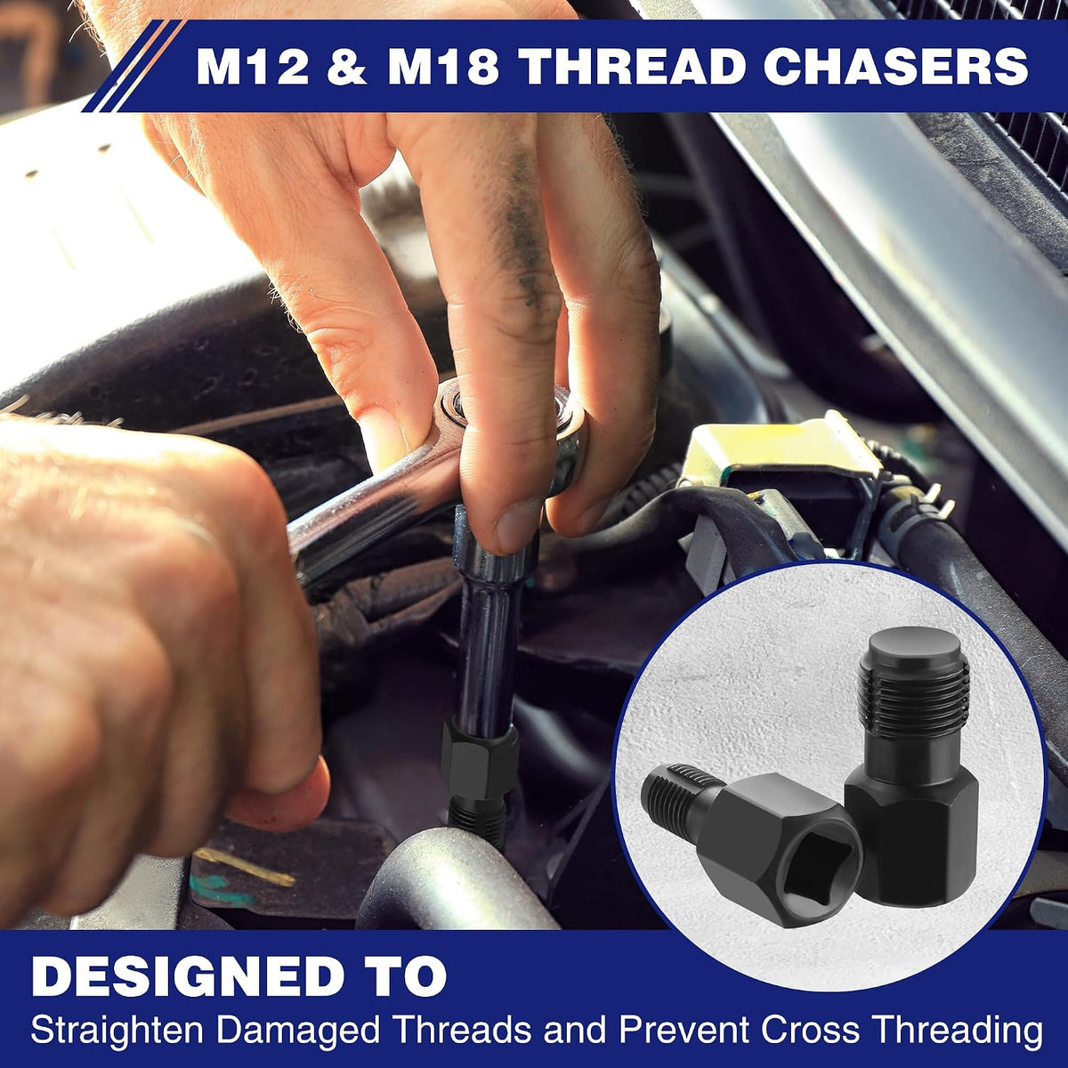 M12 and M18 thread chaser set with hex drive ends and hand tool