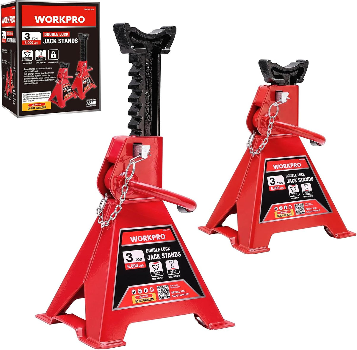 WORKPRO 3 ton jack stands with double lock in red and black, high-quality innovation, secure and durable