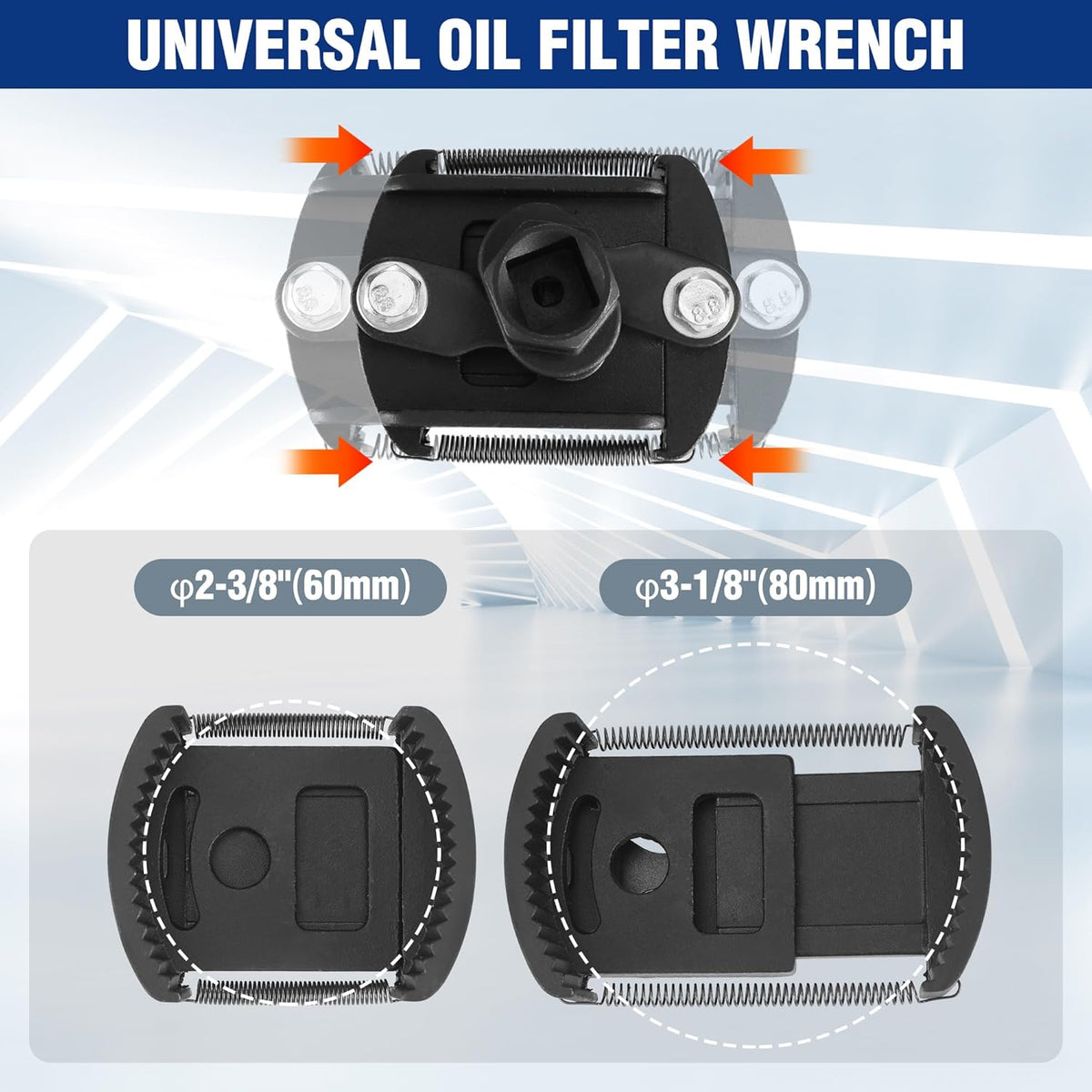 Universal oil filter wrench with auto-clamp spring, adjustable for 2-3/8–3-1/8 in filters