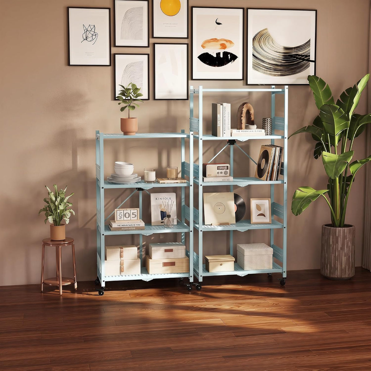 Blue rolling 4-tier metal storage rack with perforated shelves for books and boxes