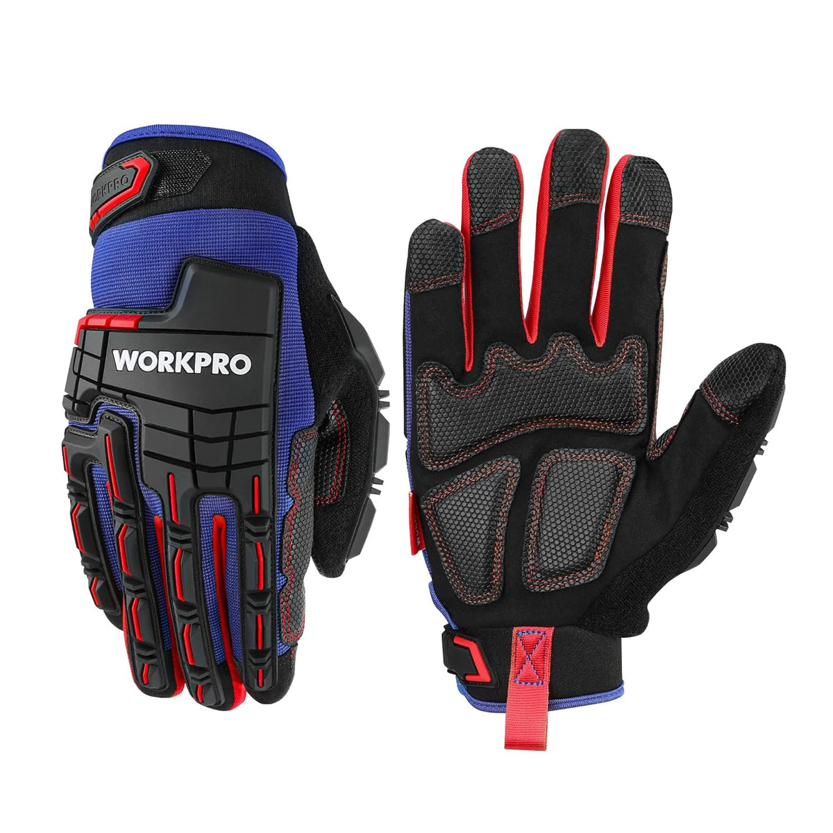 Work gloves with blue knit cuff, black synthetic leather palm, red accents, non-slip grip