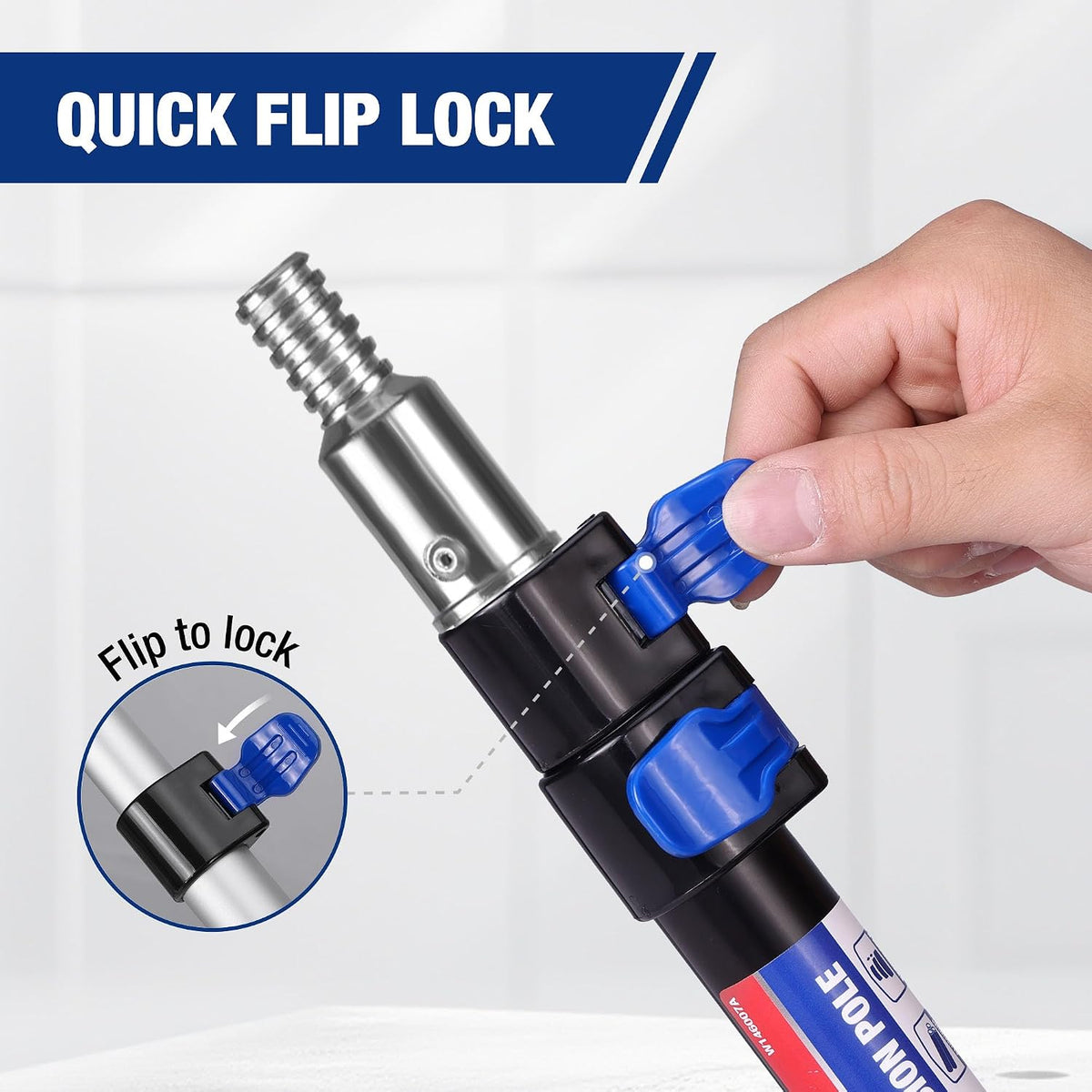 Workpro 3 ft paint roller pole with flip lock, black and blue finish and threaded metal connector.