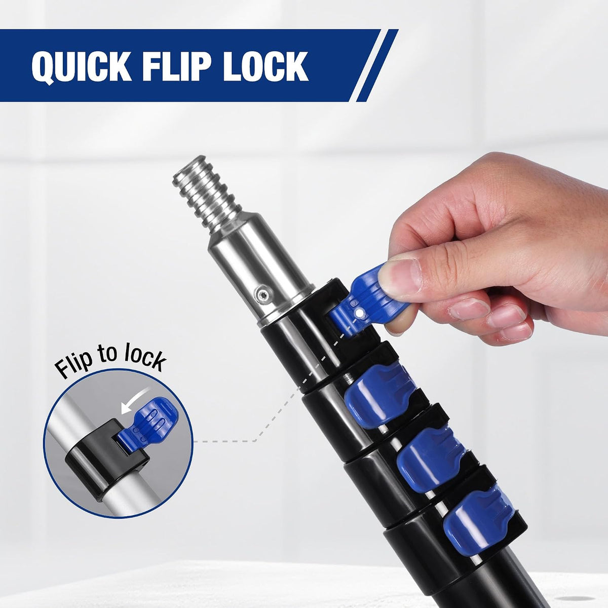 Workpro 20 ft pole with flip lock shows blue and silver sections with a non-slip foam grip, shown in close detail.