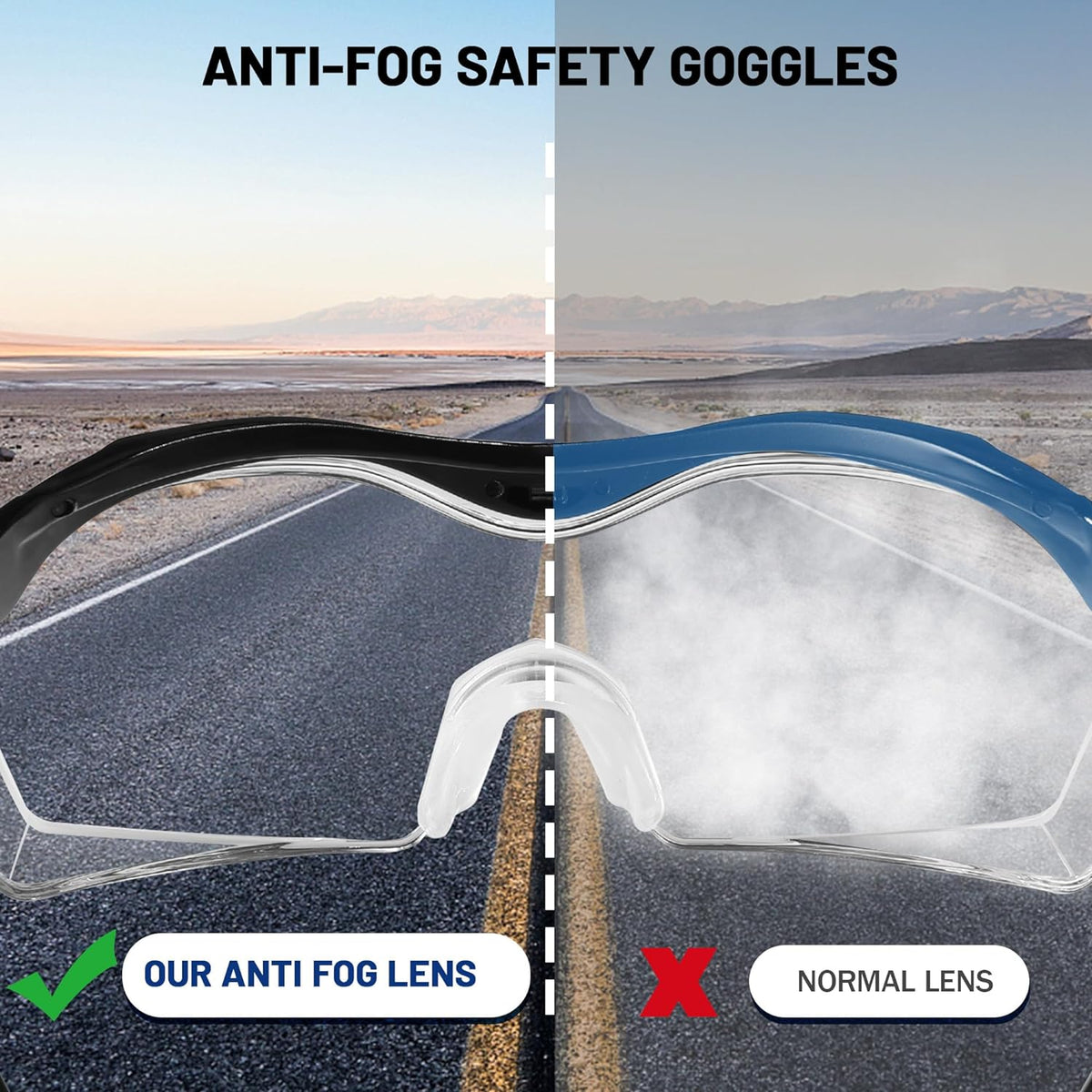 Anti-fog safety goggles with clear lens and blue-accented curved frame
