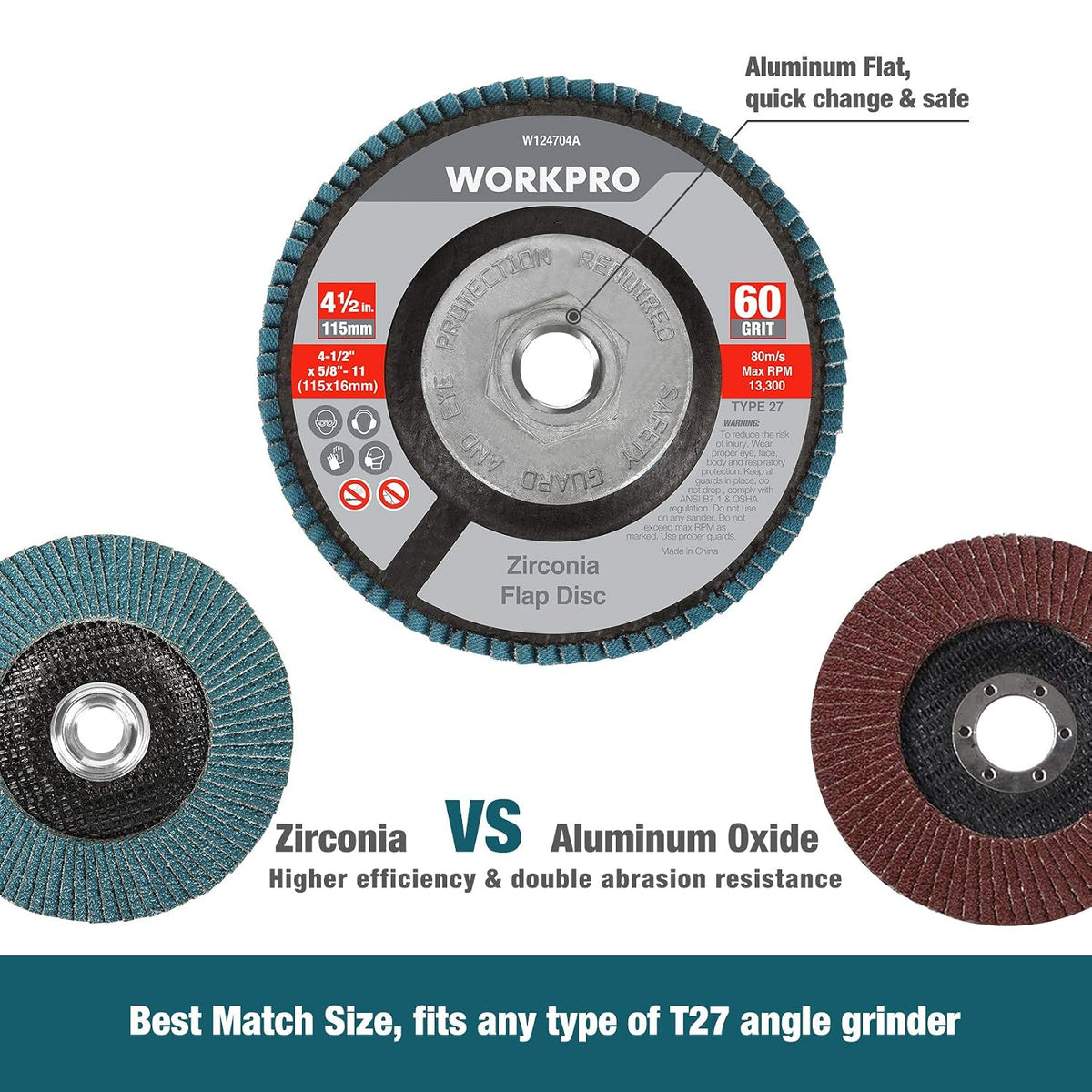 WORKPRO 5 Pack Zirconia Flap Disc in blue, innovation quality for durable metal grinding and smooth finishing