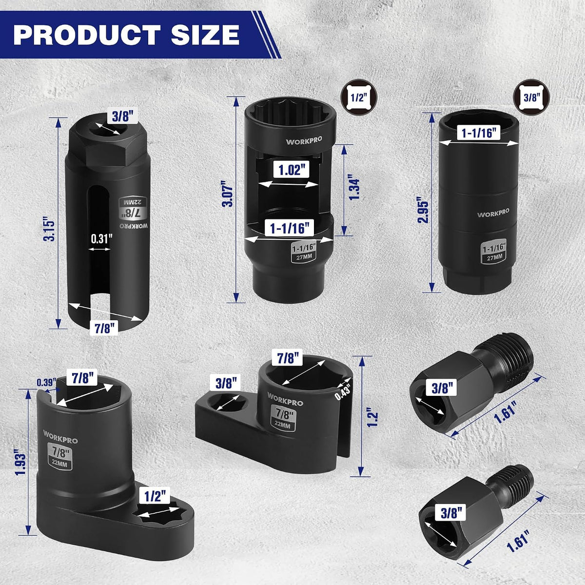 Black oxygen sensor sockets and thread chaser set with drive sizes shown