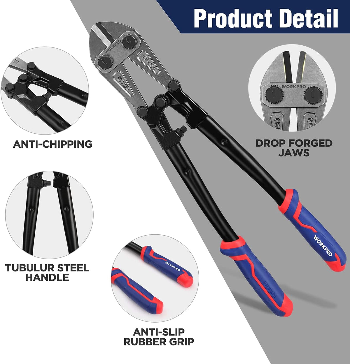 Workpro 18 inch bolt cutter in black, blue and red with anti-chipping screw and tubular steel handles