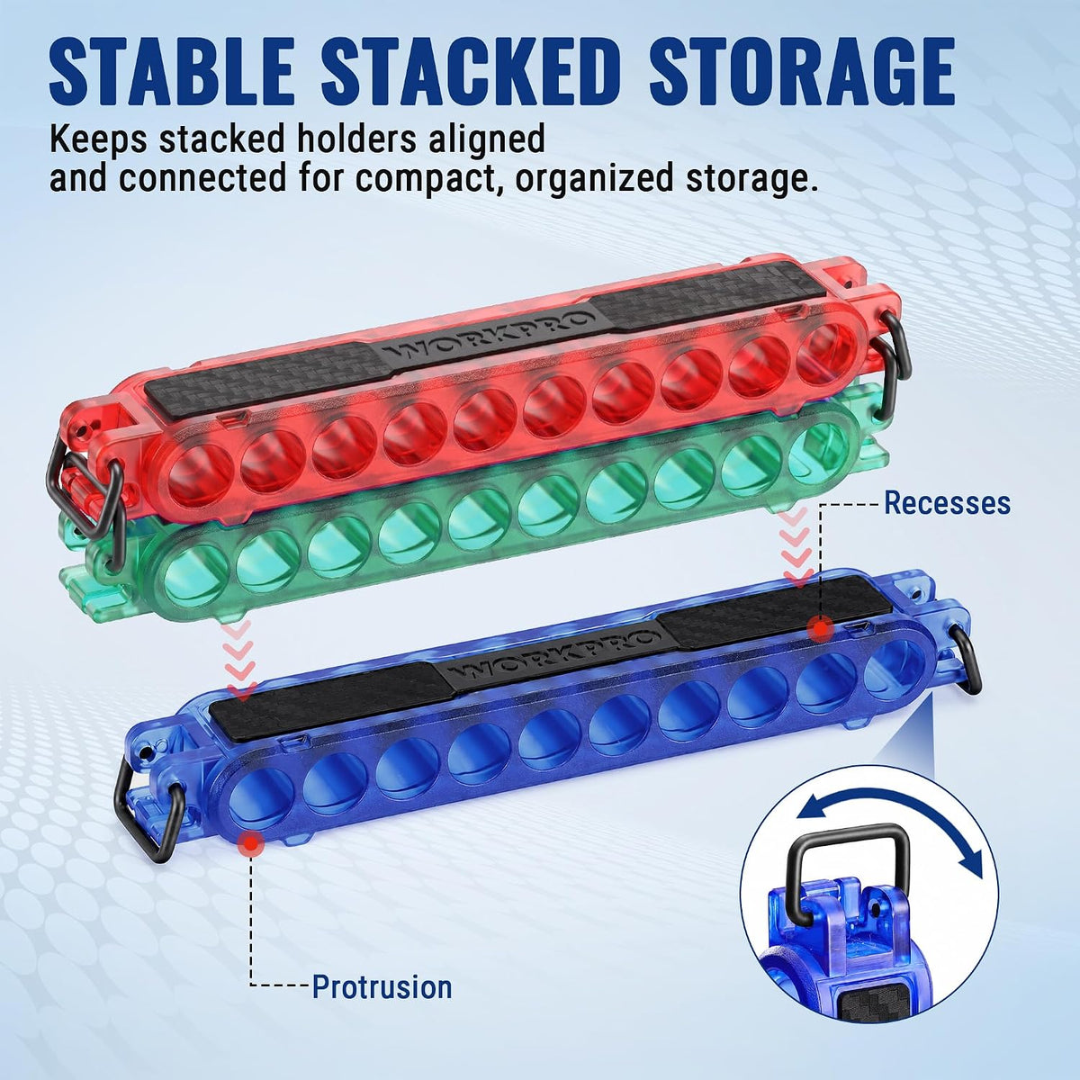 Workpro 3-pack 1/4 inch hex bit holders with carabiner clips in red, green, and blue for organized tool storage