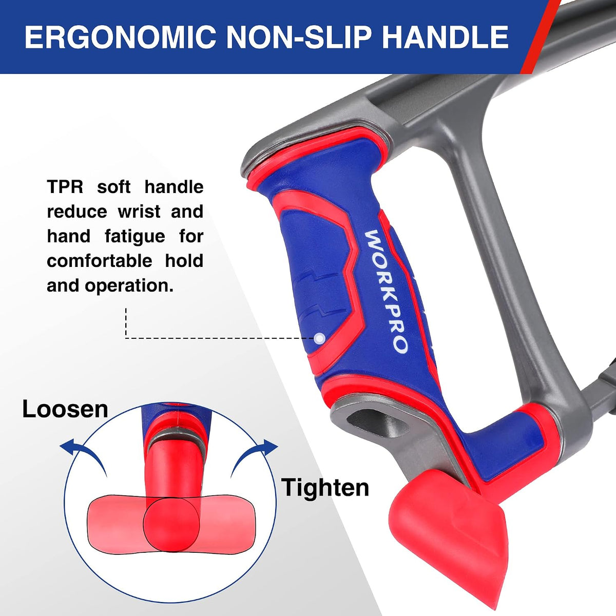 Workpro 12 inch hacksaw with two extra bi-metal saw blades in blue and red, featuring an ergonomic non-slip handle.
