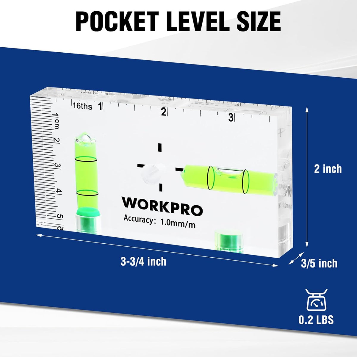 Magnetic pocket level tool with green vials and inch scale, 90°/180° bubbles
