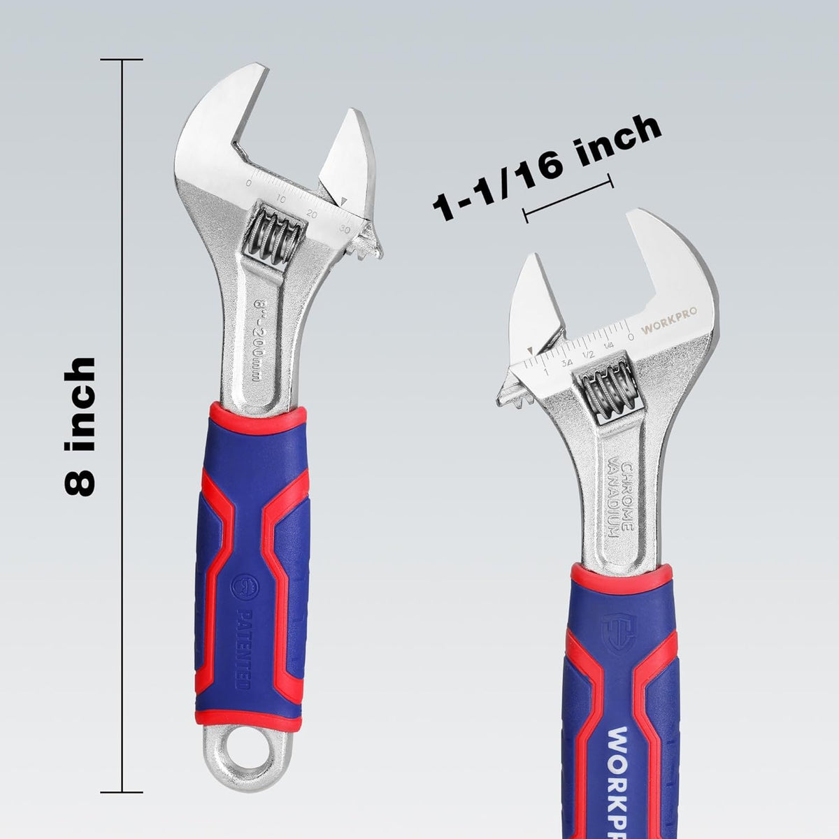 8-inch adjustable wrench with wide jaw opening, blue/red anti-slip TPR grip, chrome finish