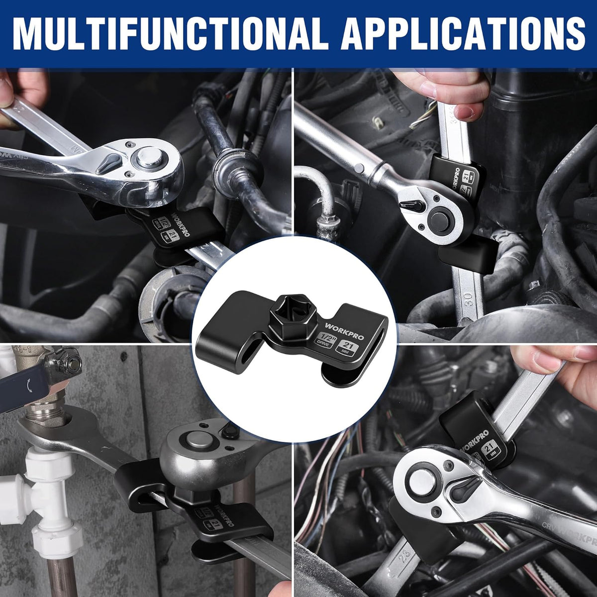 WORKPRO multifunction wrench extender adapter, 1/2 in drive and 21 mm hex socket.