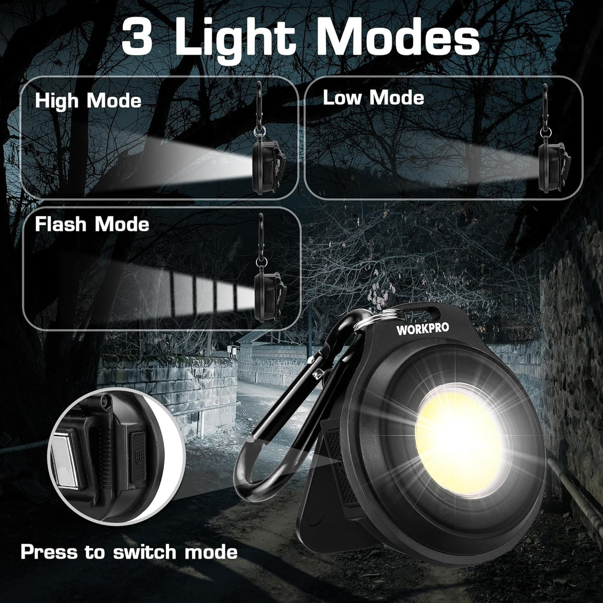WORKPRO black keychain flashlight with carabiner, round COB LED head, hanging