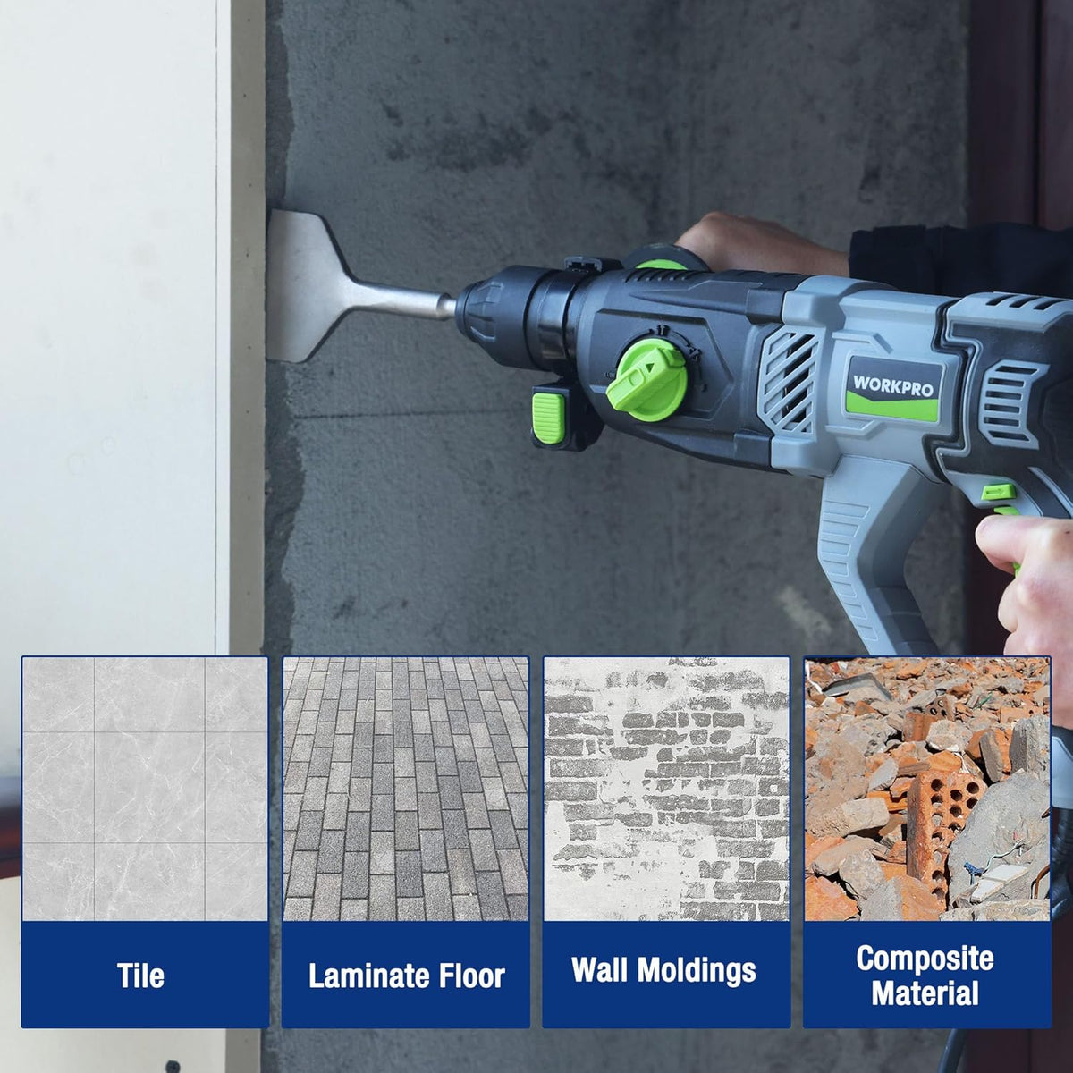 SDS-Plus chisel bit in a power drill tool, angled on a wall surface for removal