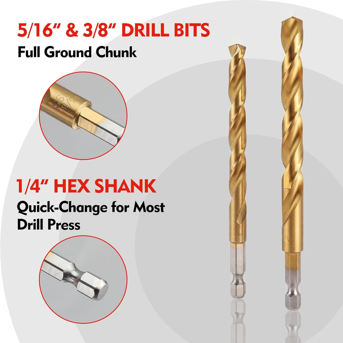 Gold twist drill bit pair with spiral flutes and silver hex shanks