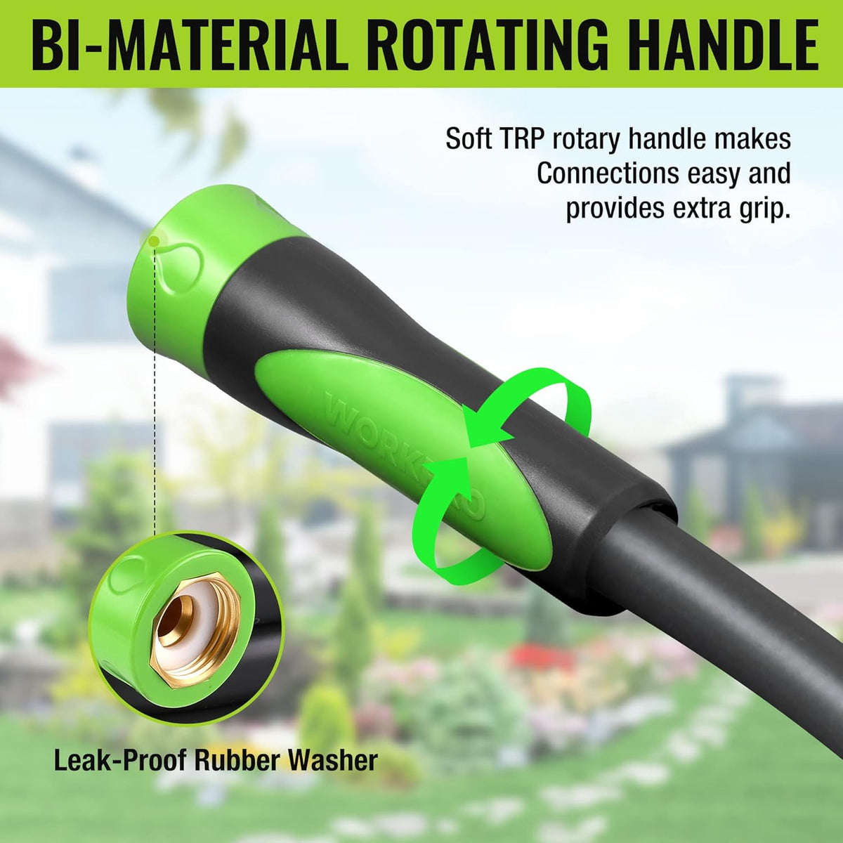 Garden hose with green-and-black bi-material rotating handle and brass threaded fitting