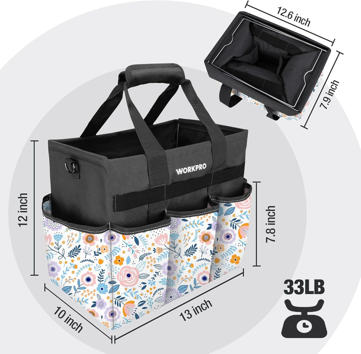 Gardening tool tote bag with floral white panels and black top, multiple exterior pockets.
