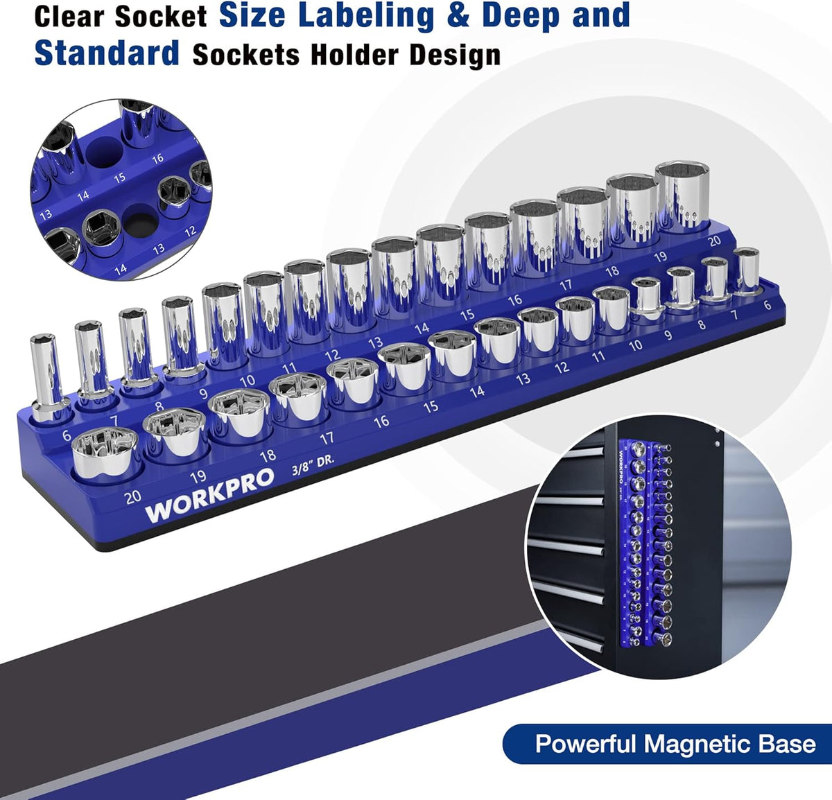 3/8-inch metric magnetic socket organizer with chrome sockets on blue labeled base