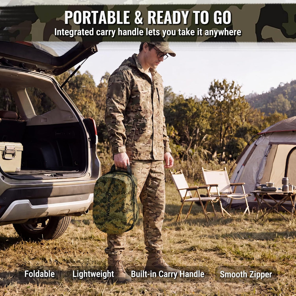 WORKPRO Hunting Seat Cushion in camo with portable foldable design, innovation quality and secure durable comfort