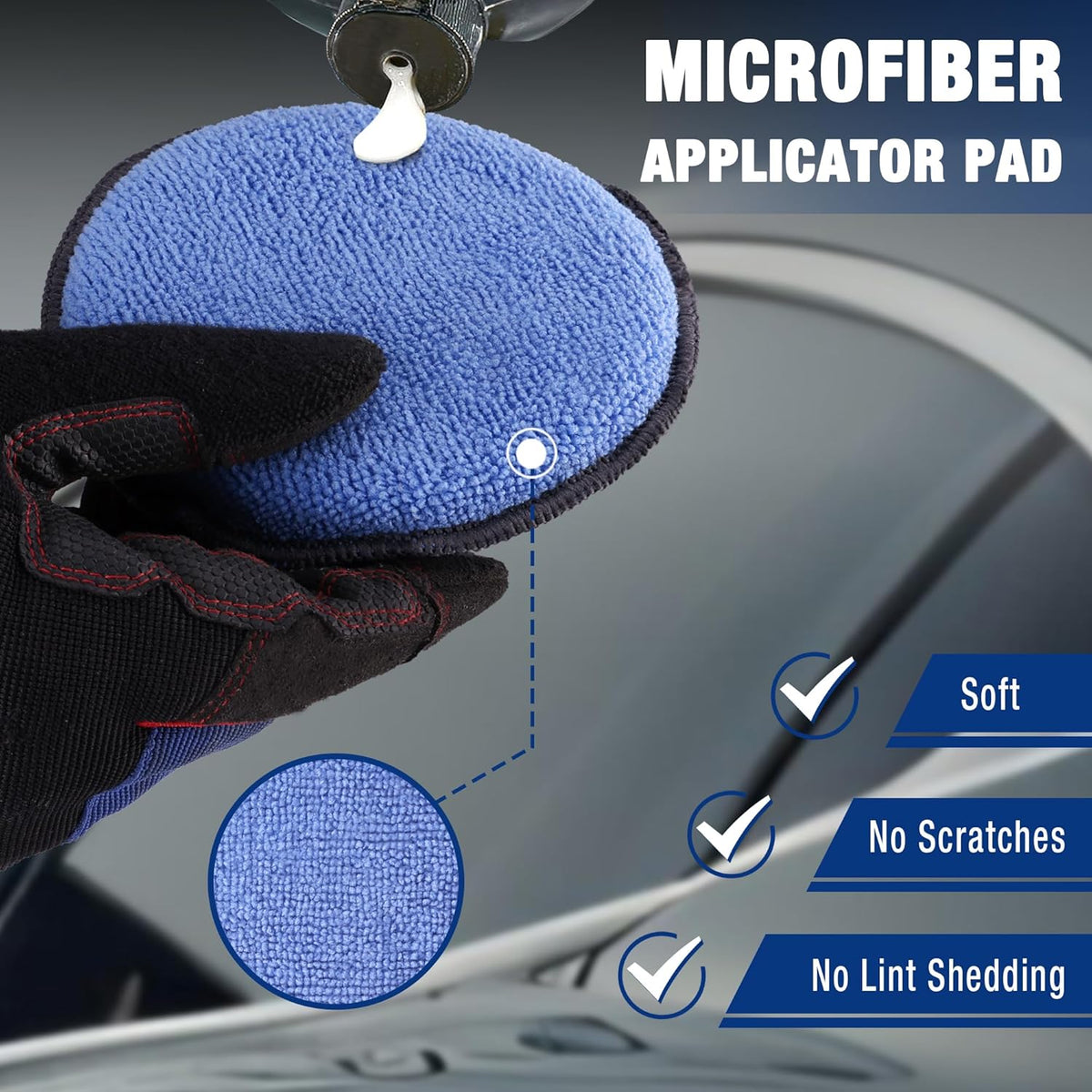 Blue microfiber applicator pad with black backing, shown in gloved hand.